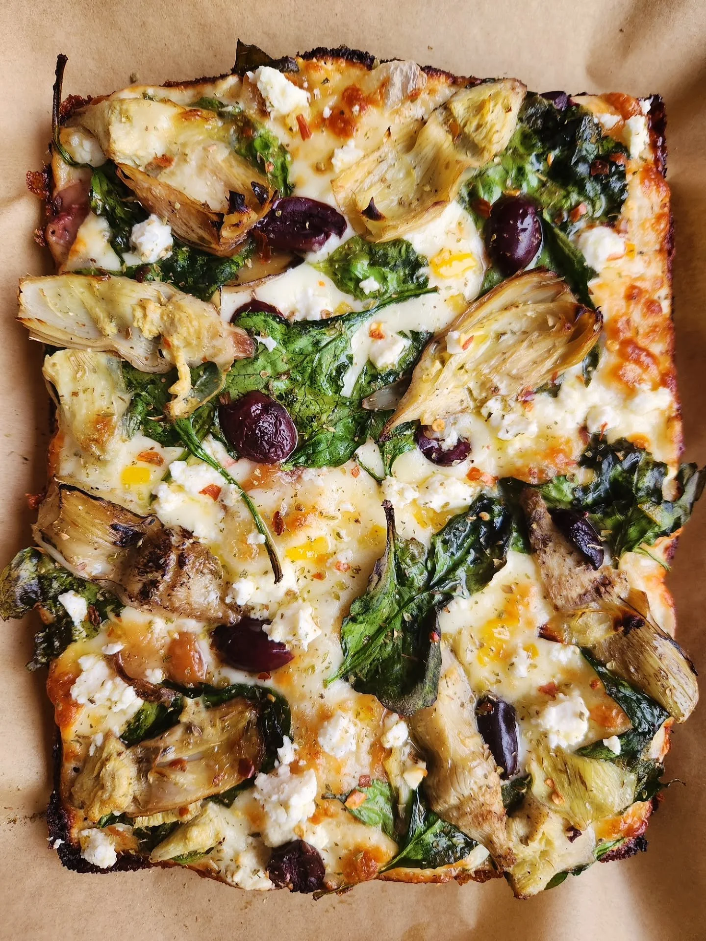 Hope y'all are staying safe and warm. 
If you decide to venture out this week's feature has spinach, artichokes, kalamata olives, marinated feta, garlic confit, meyer lemon confit and garlic oil.

We also have blood orange sorbet twists for a little 