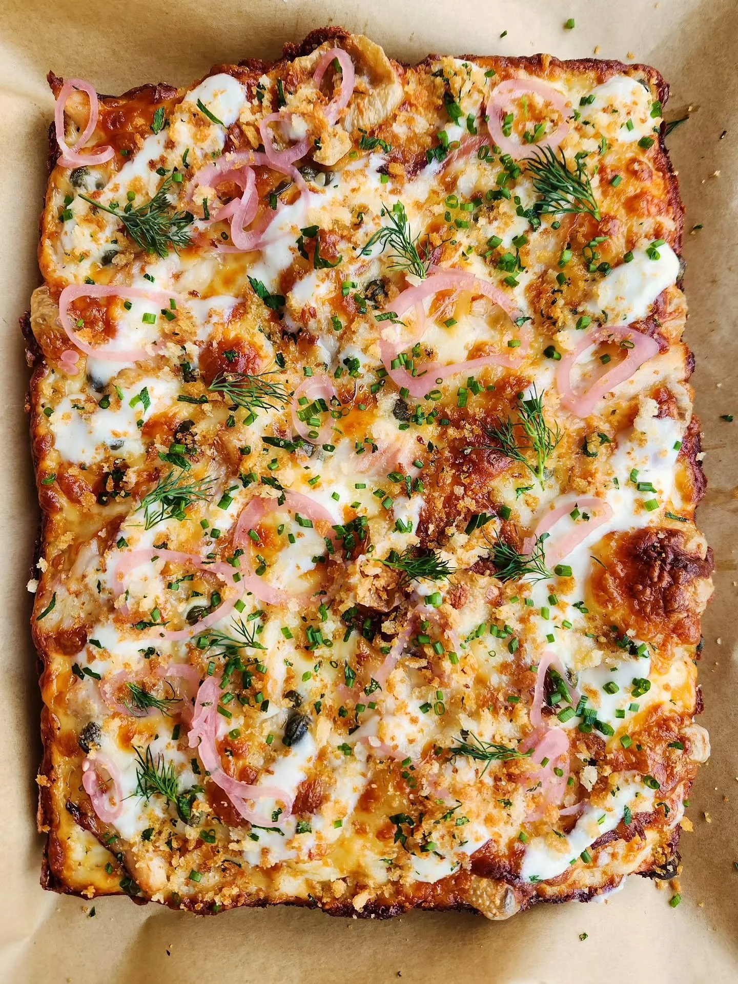 This week's pizza has smoked whitefish from Peterson's, capers, horseradish creme fraiche, pickled shallots, panko pangrattato and fresh herbs. 
Spinach and Feta is still on.
Blood orange sorbet is here. 
Just a friendly reminder a new menu with thes