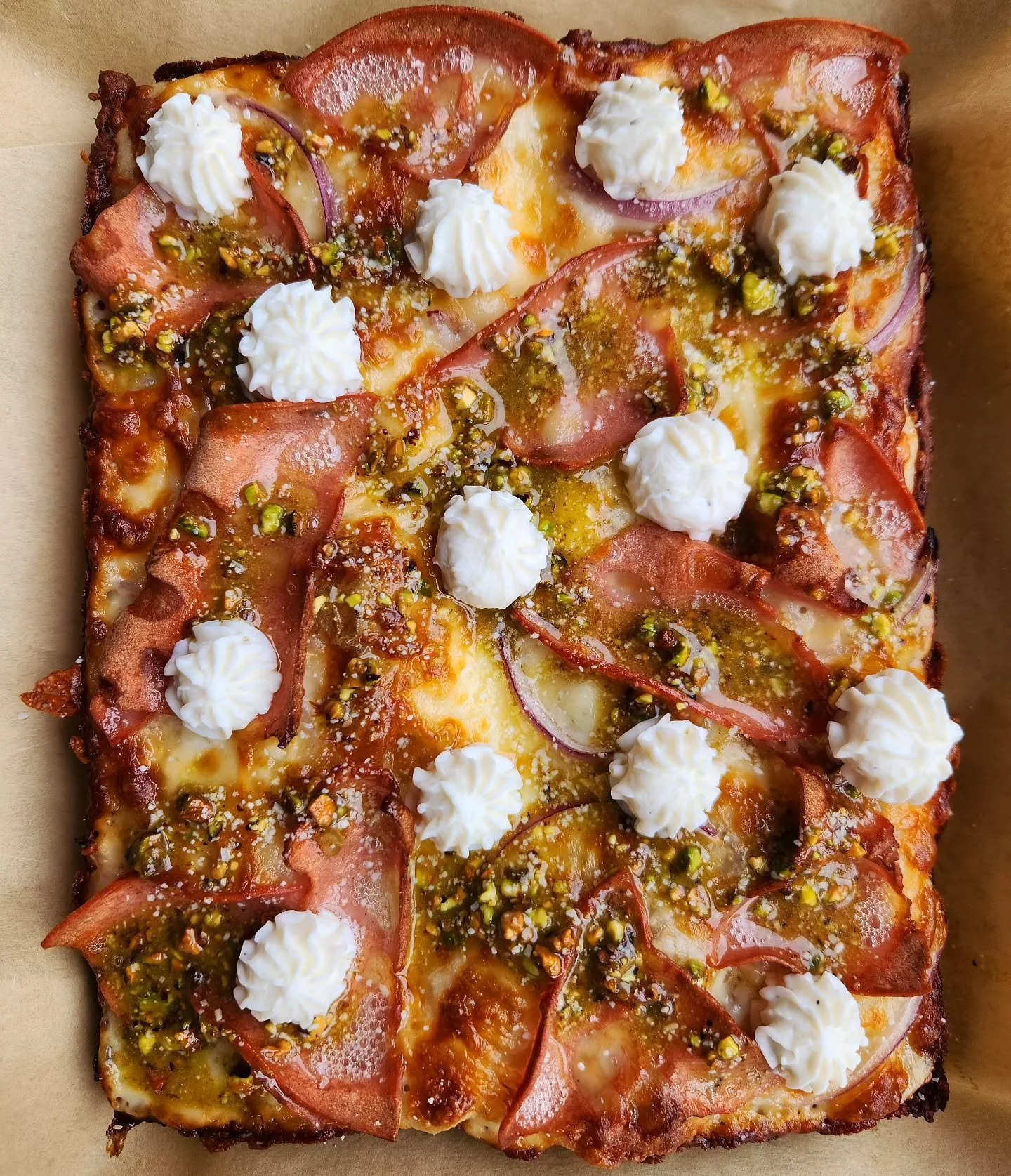 Lot's going on here this week. We are preparing for some big changes, we'll keep y'all posted.

This week's feature has mortadella, red onion, pistachio pesto and whipped ricotta. 
Last week to get the whitefish pizza.
We have some sides of meatballs