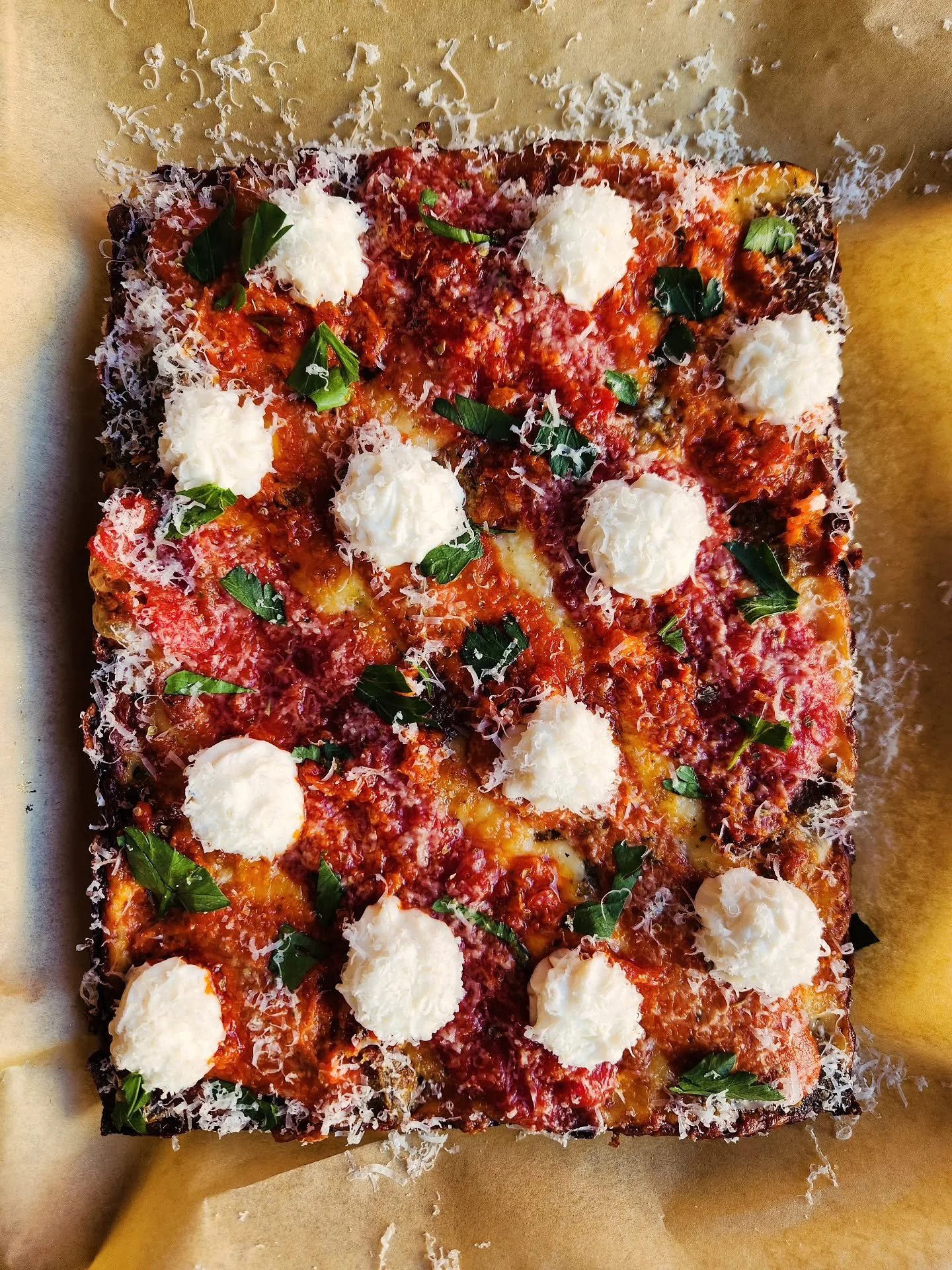 Pizza ❤️. This week's pizza has meatballs, garlic confit, vodka sauce, red sauce, calabrian chili oil, whipped ricotta, showered with pecorino romano, parsley and basil.
Mortadella and pistachio pesto still on.
Last week for toasted milk sundae with 