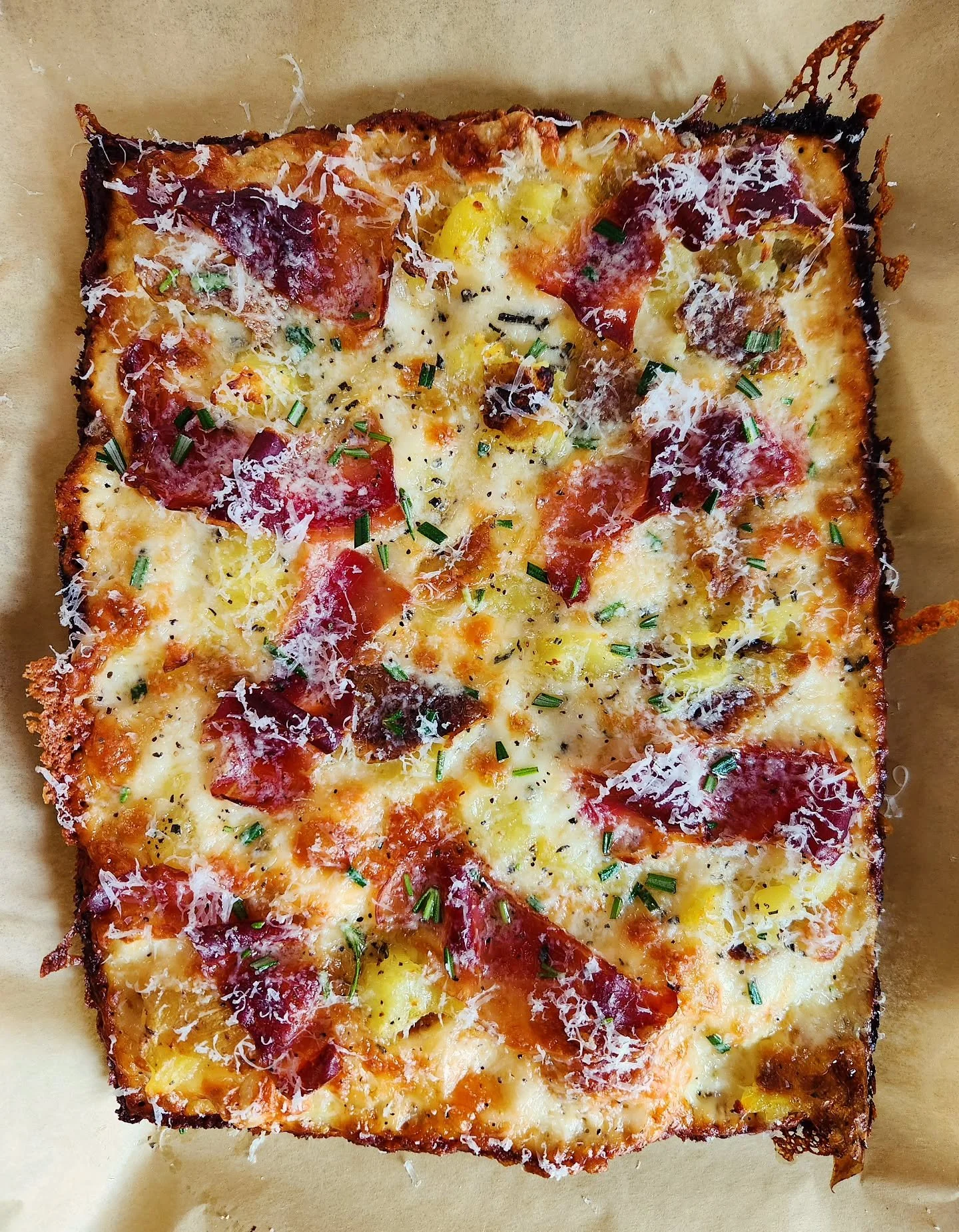 Greetings.  This week's pizza has yukon gold potatoes, crispy speck, white sauce, rosemary, smoked provolone and a little bit of lemon zest.
Date and bacon pie still on.
We have a pepperoni and vodka sauce special.
Miso butterscotch sundae is still h