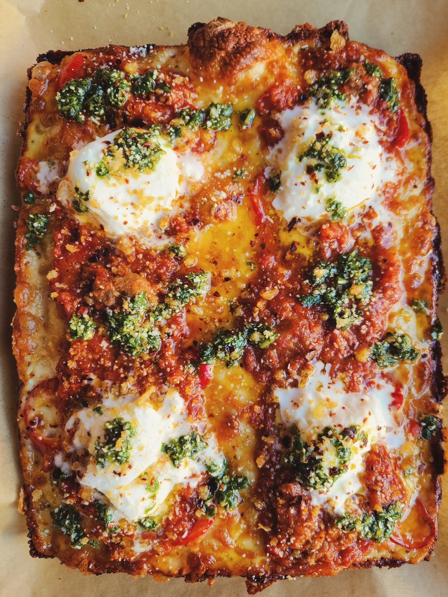 This week's feature has broken meatball ragu, pickled fresno chilies, caciocavallo, burrata, nut free pesto and garlic breadcrumbs. 
Paneer and Tadka is still on.
We have a pizza fritta special to satisfy your sweet tooth.
Some lovely bottles of wine