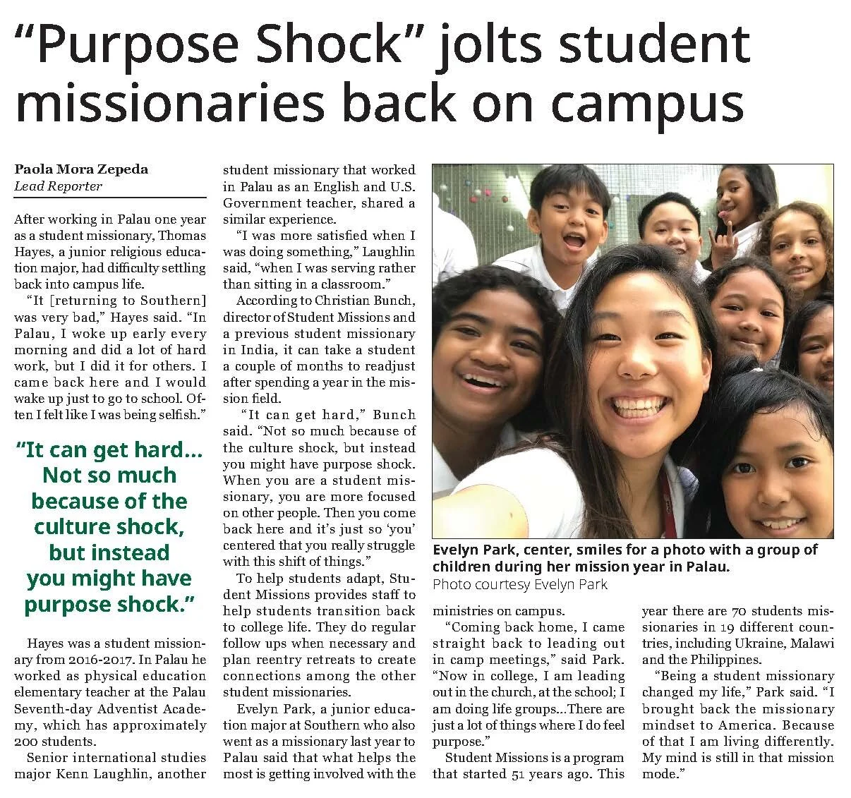 Writing: News – Student “Purpose Shock" Jolts Student Missionaries Back on Campus Paola Mora Zepeda SOUTHERN ACCENT OF SOUTHERN ADVENTIST UNIVERSITY“Purpose Shock" Jolts Student Missionaries Back on Campus