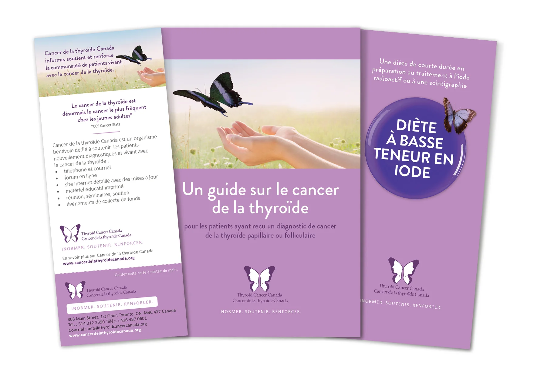 De gauche à droite : Fiche d'information, Guide du patient pour le cancer de la thyroïde et livret Diète à basse teneur en iode.