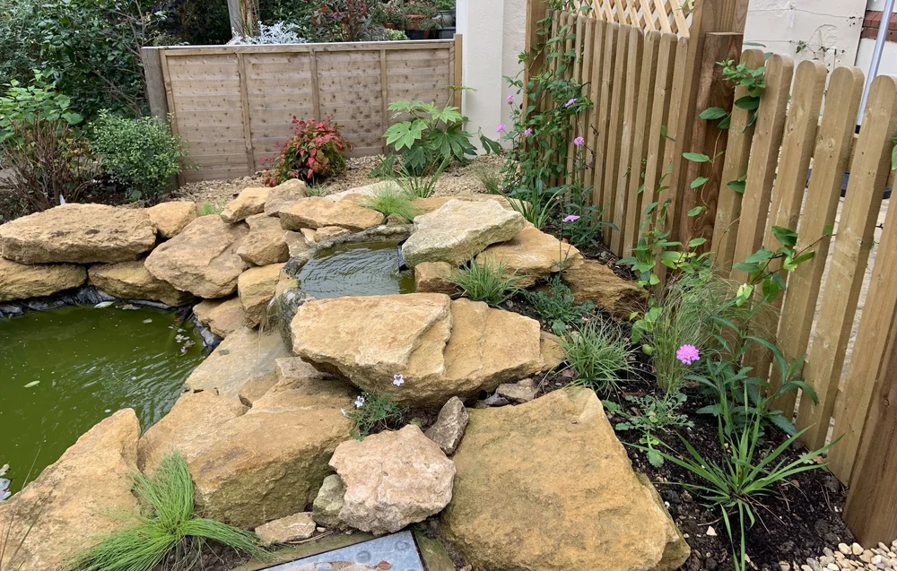 Small pond edged with large sandstone boulders and planting