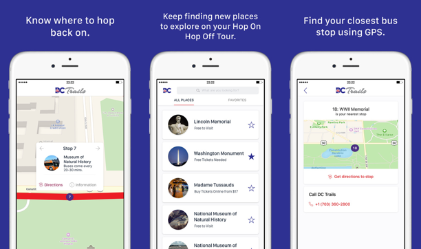 Screenshots for the DC Trails Hop On Hop Off Tours app's initial iOS App Store release