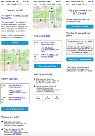 This flow shows how users would connect to the bus’s WiFi during a tour. When the bus arrives at the stop where they need to get off, the app would provide some tips for visiting their next destination.