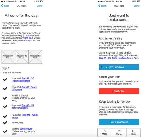 This flow would have provided some closure to people at the end of their tour day. It also would have presented an upsell to 24-hour tour customers to add the second day to their tour.