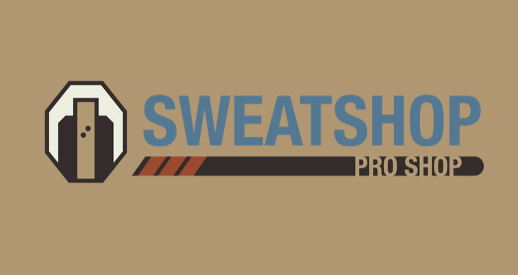 Logo for Sweatshop Pro Shop featuring a stylized storefront icon and the text "Sweatshop Pro Shop" with a brown background.