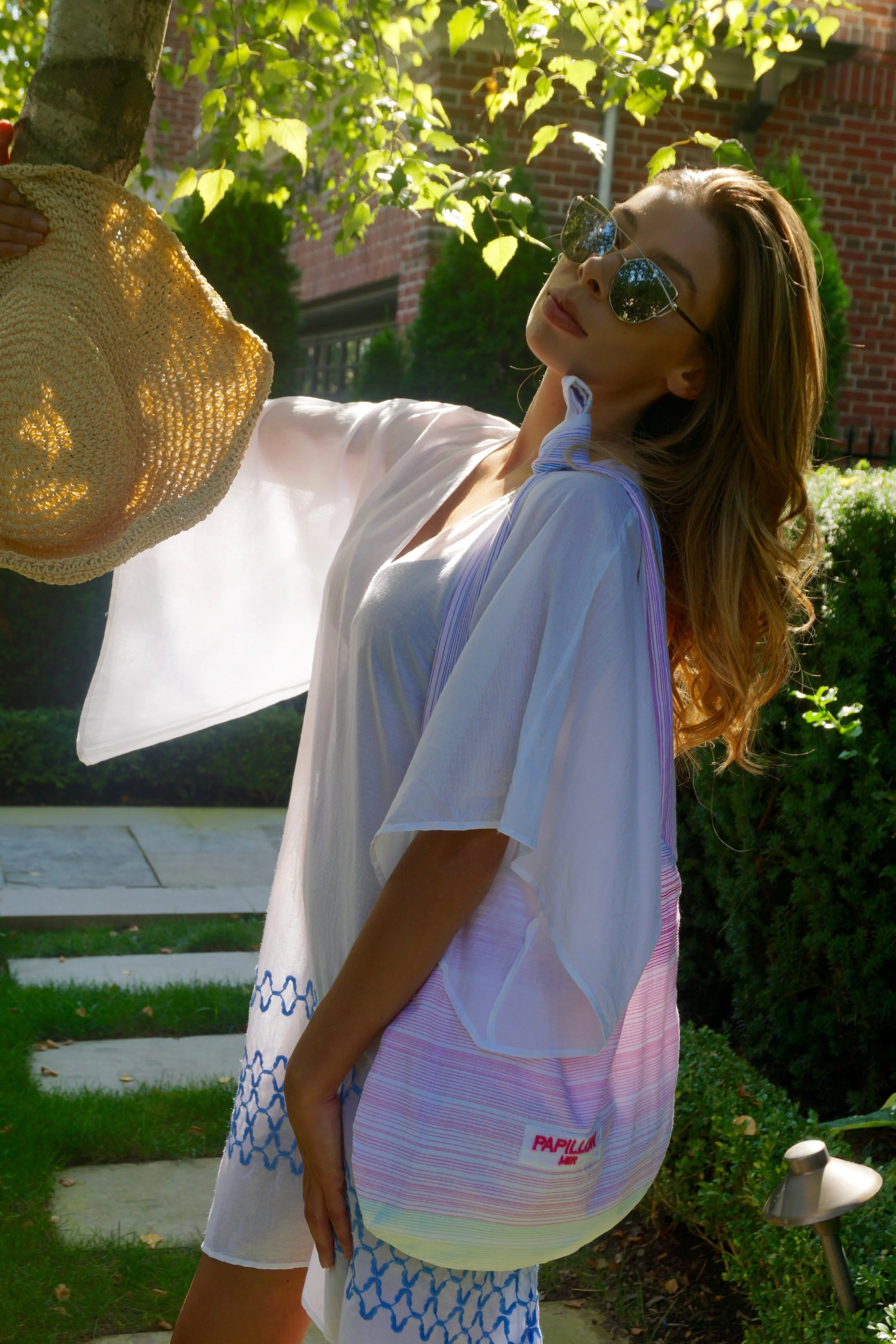 Cannes Dress White/Blue emb. comes with complimentary white slip (100% cotton also)