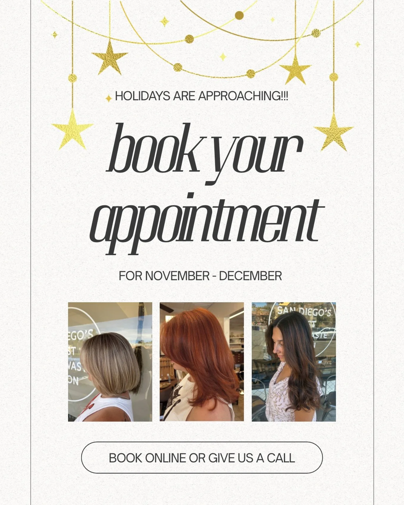 Spots are filling up, if you would like to get in before the holidays book your appointment online or give us a call✨

#sandiego #sandiegohairsalon #lamesa #lamesahairstylist #holidays
