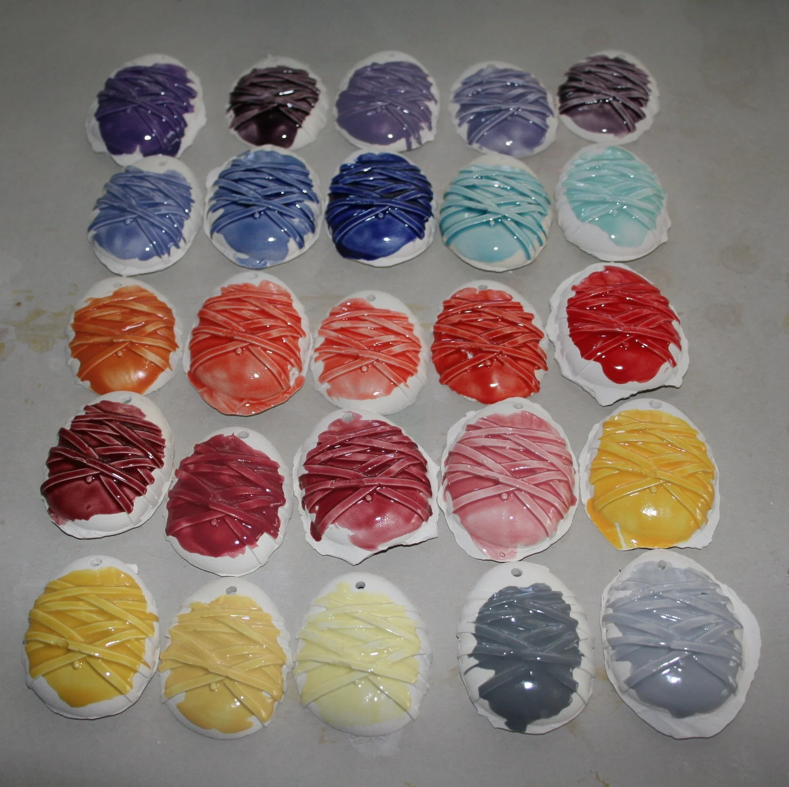 I make tests for all the glazes I use. It allows me to see what the colors will look like after firing.