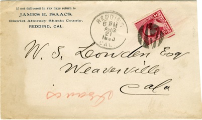 James Issacs Envelope 1890, after moved to Redding