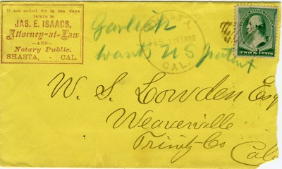 Issacs Envelope 1888, Shasta Cal.