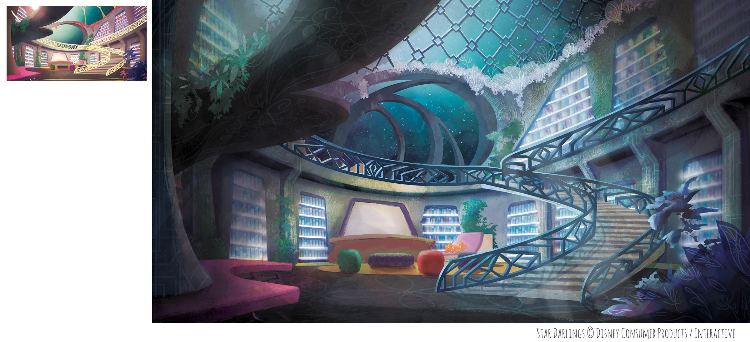 Repainted the background and created different patterns and textures for the Star Darlings short. Original background on left by Disney Publishing artists