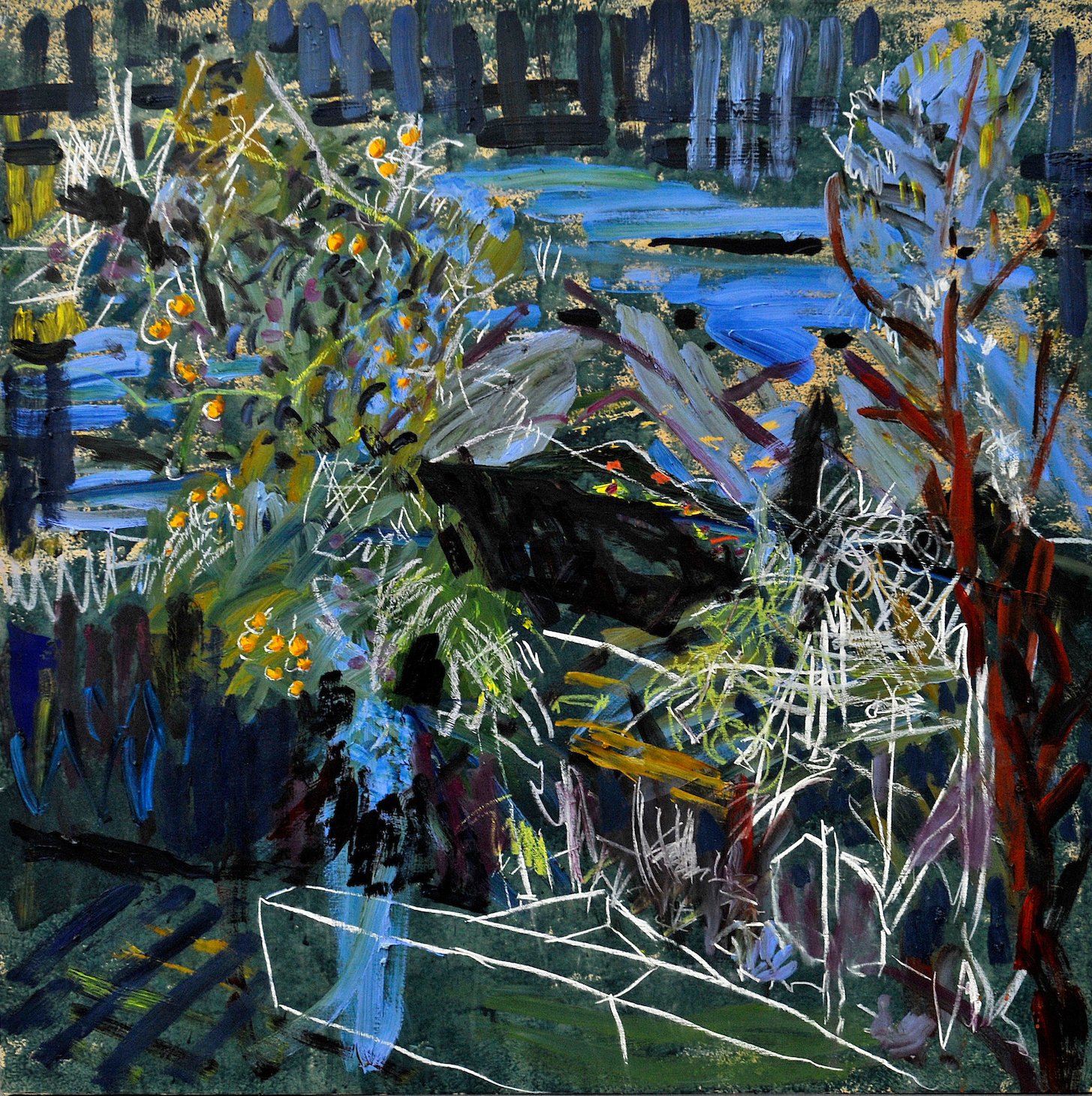 Summer Night No. 2 . 2016. Oil, oil pastel, chalk and housepaint on wood panel. 40" x 40".