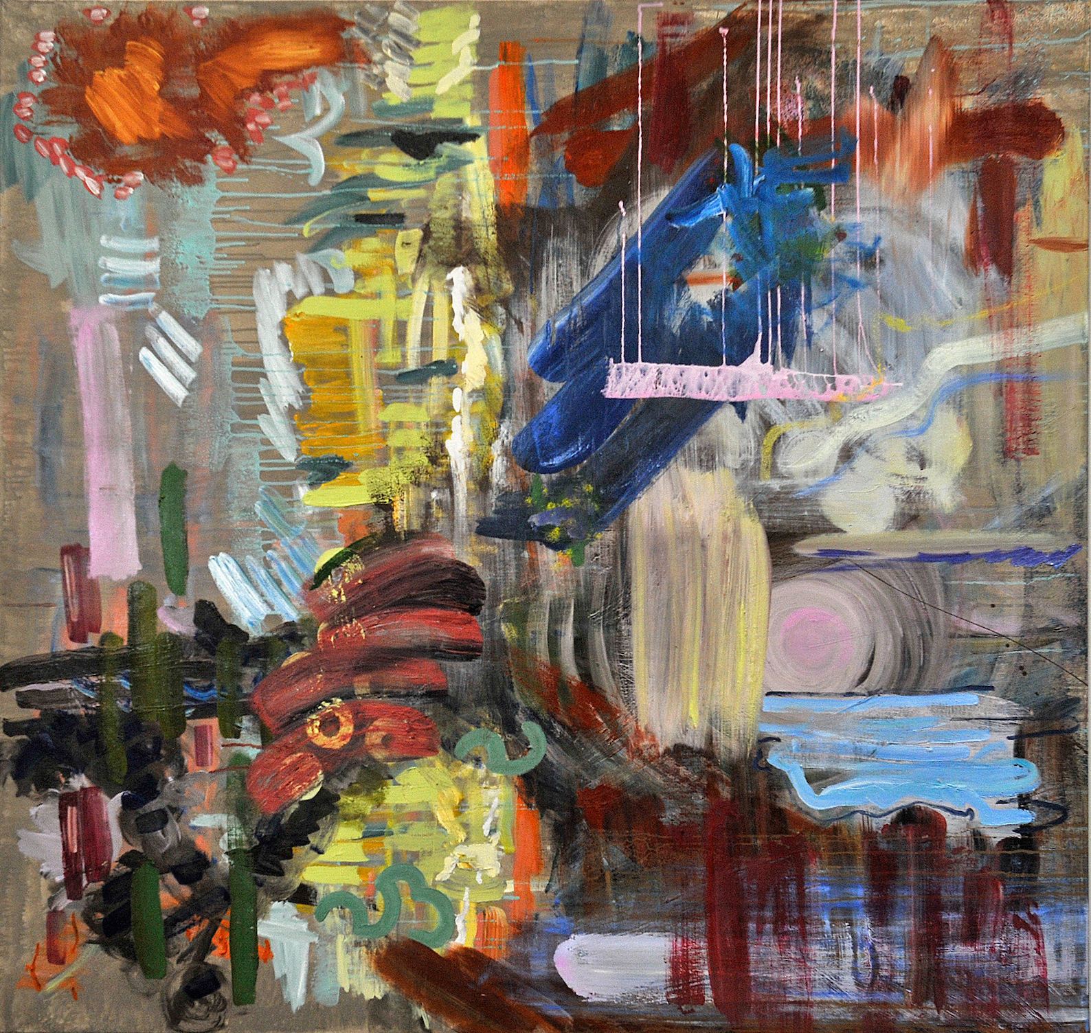 Another Man With His Head On Fire No. 3. 2016. Oil, oil pastel and housepaint on canvas. 60" x 57".
