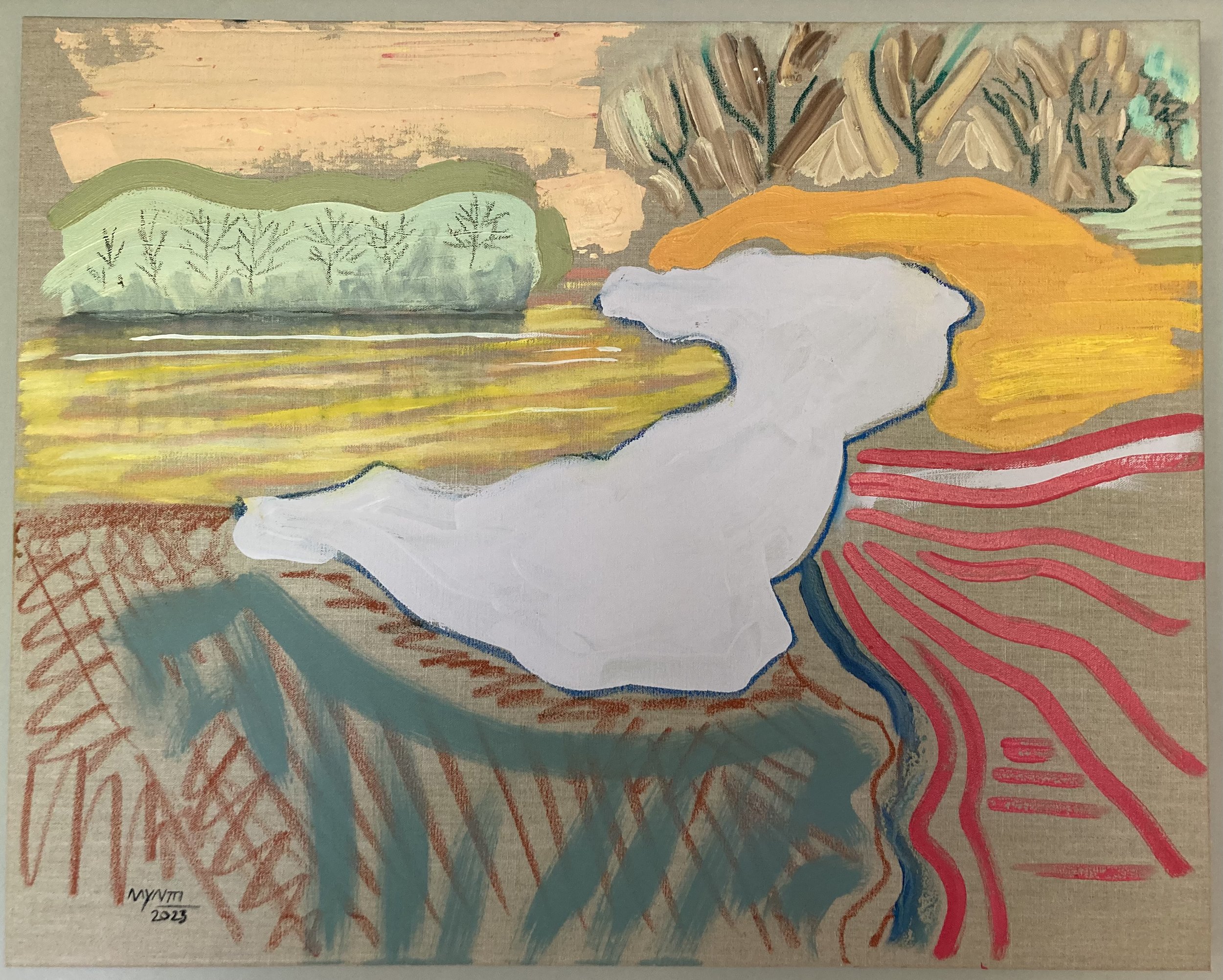 After Milton Avery (No. 16).  Oil, oil pastel and housepaint on linen.  20” x 30”.  2023.