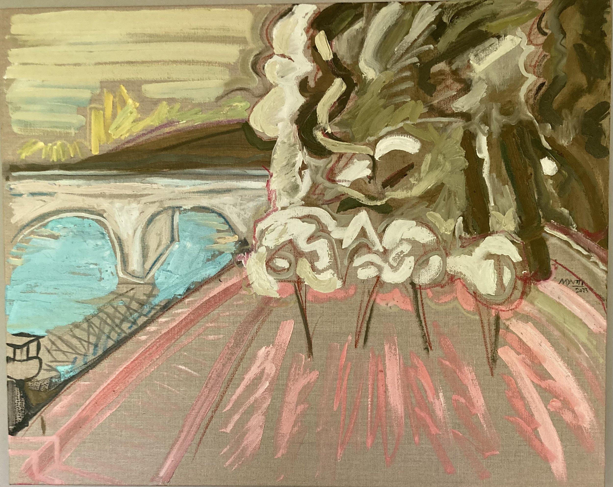 After Milton Avery (Paris).  Oil, oil pastel and housepaint on linen.  20” x 30”.  2023.