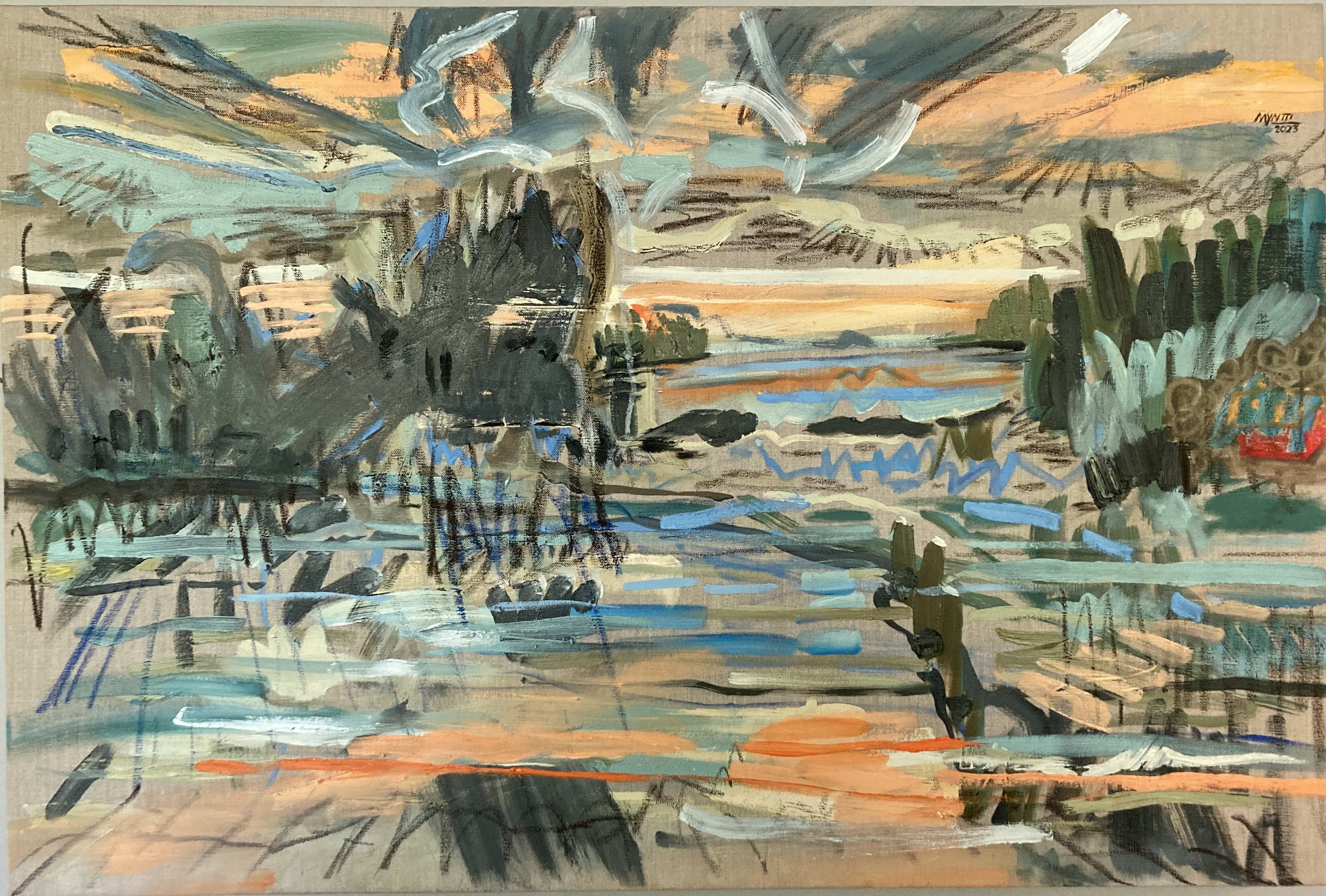 Chippewa River Flowage (No. 6).  Oil, oil pastel and housepaint on linen.  24” x 30”.  2023.