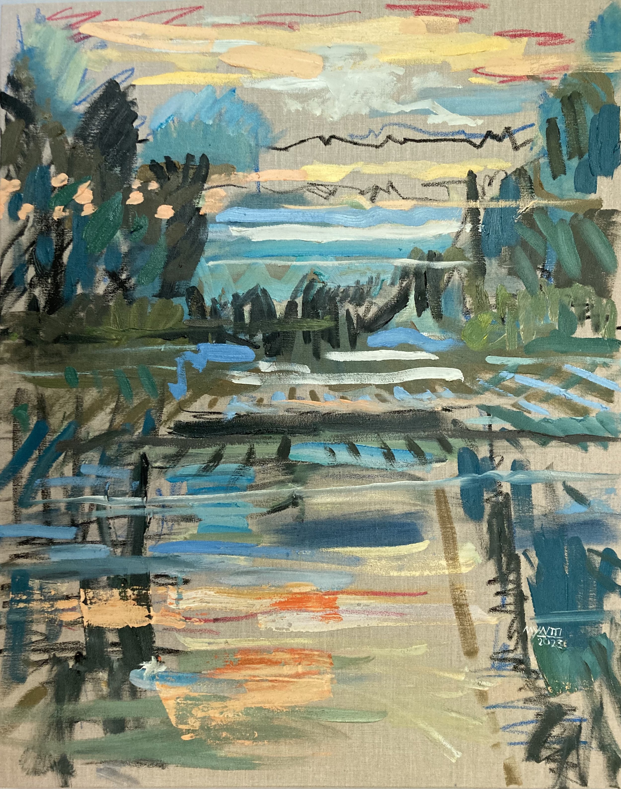 Chippewa River Flowage (No. 9).  Oil, oil pastel and housepaint on linen.  30” x 24”.  2023.