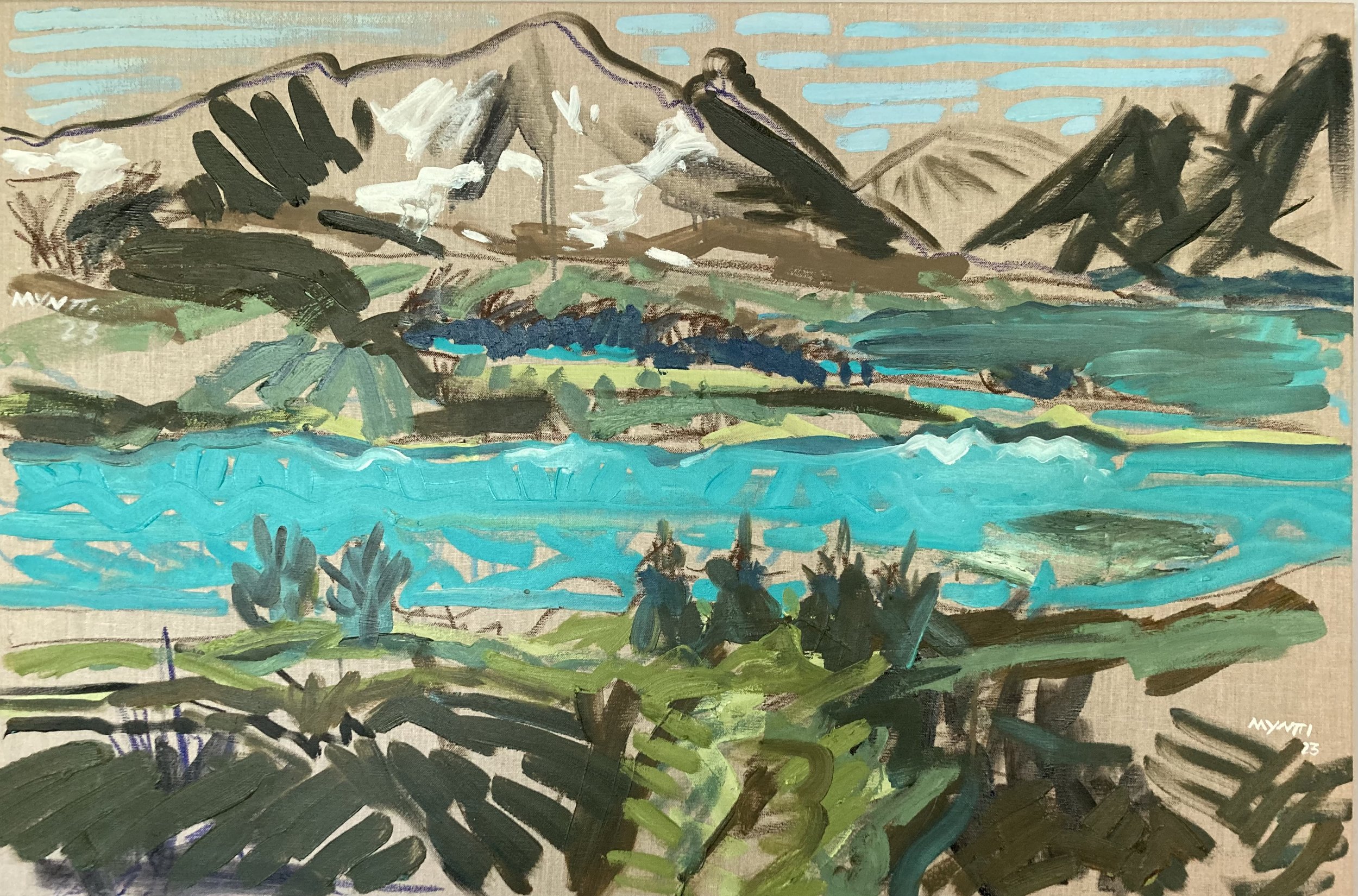 Kenai River.  Oil, oil pastel and housepaint on linen.  24” x 36”.  2023.