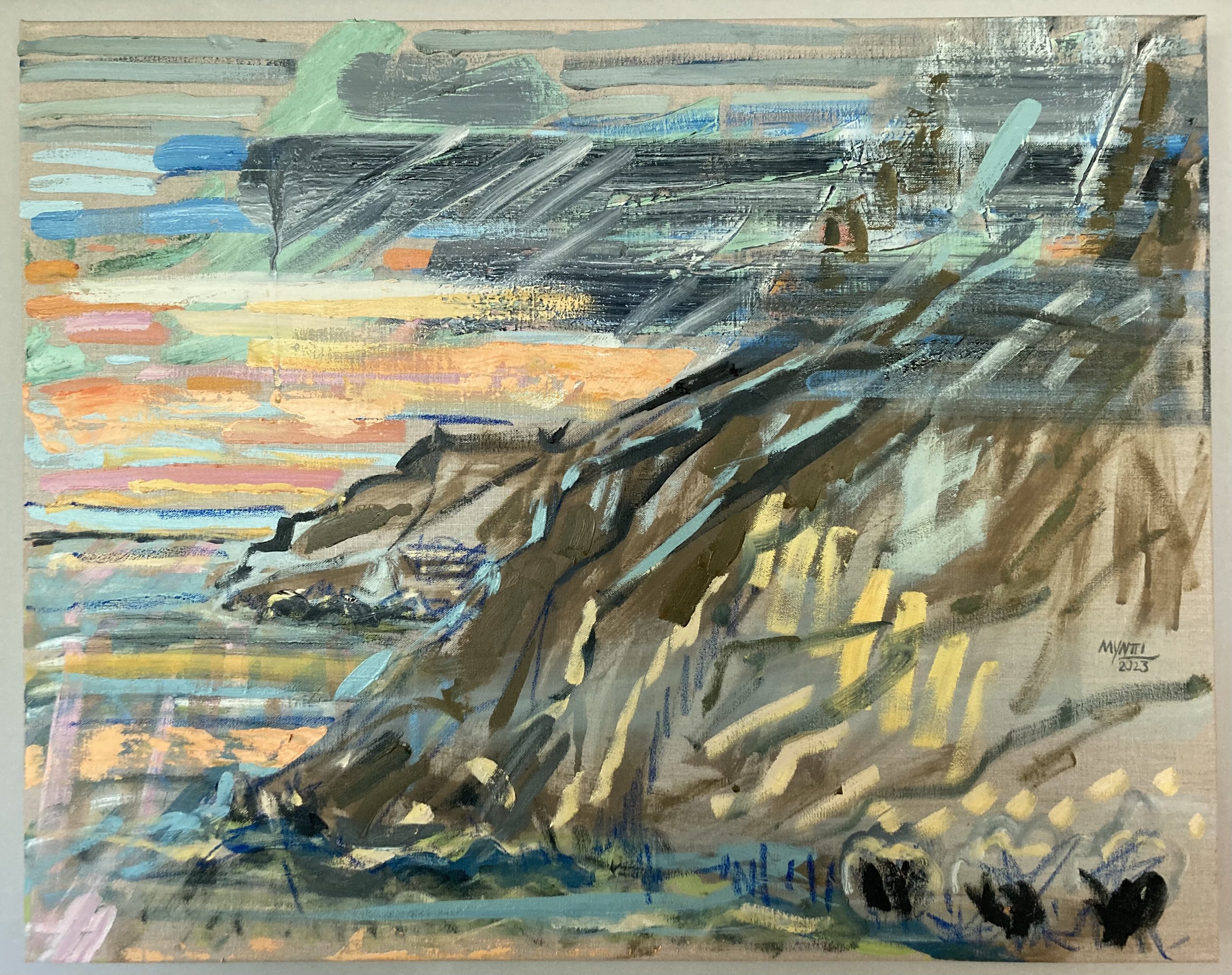 Cook Inlet From Girdwood.  Oil, oil pastel and housepaint on linen.  24” x 36”.  2023.