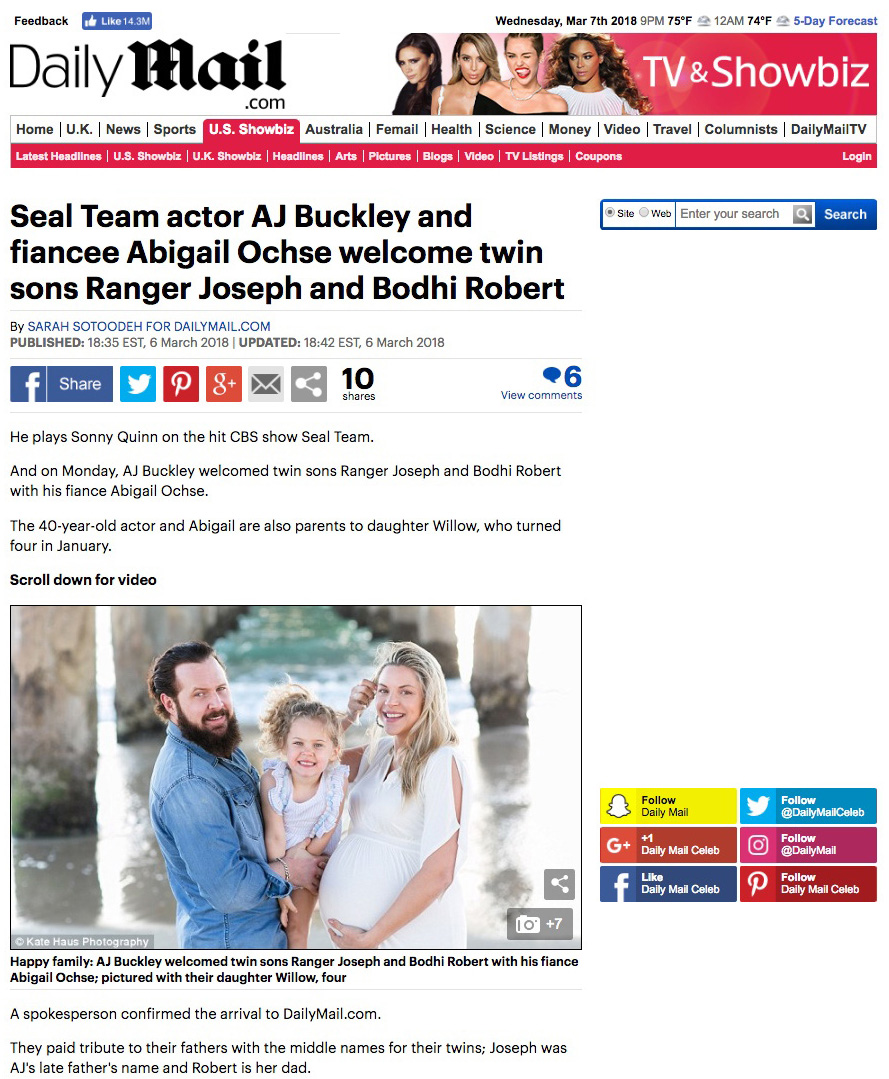 Daily Mail: SEAL Team Actor AJ Buckley and Fiancee Abigail Ochse welcome twin sons