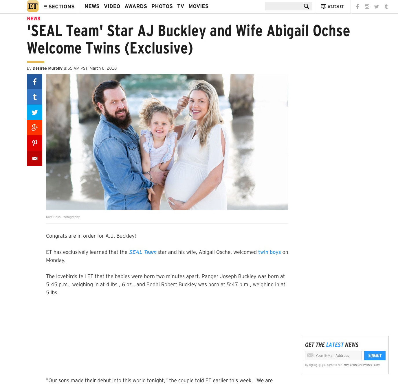 Entertainment Tonight: SEAL Team Star AJ Buckley and Wife Welcome Twins!
