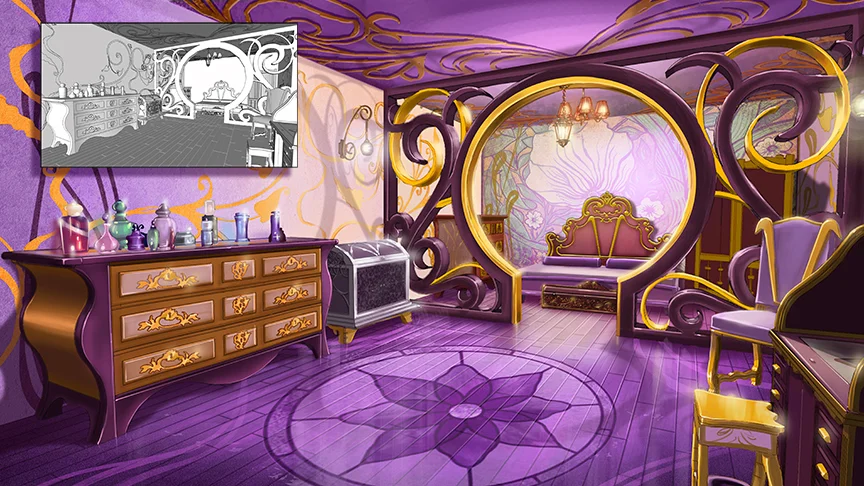 Paint over example where the wire frame layout and color direction was provided by Voltage Entertainment.