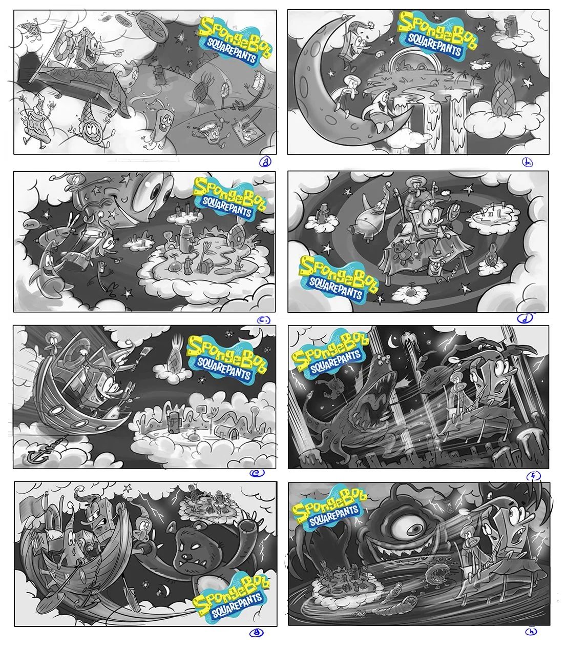  Key art layout roughs for game pitch. 