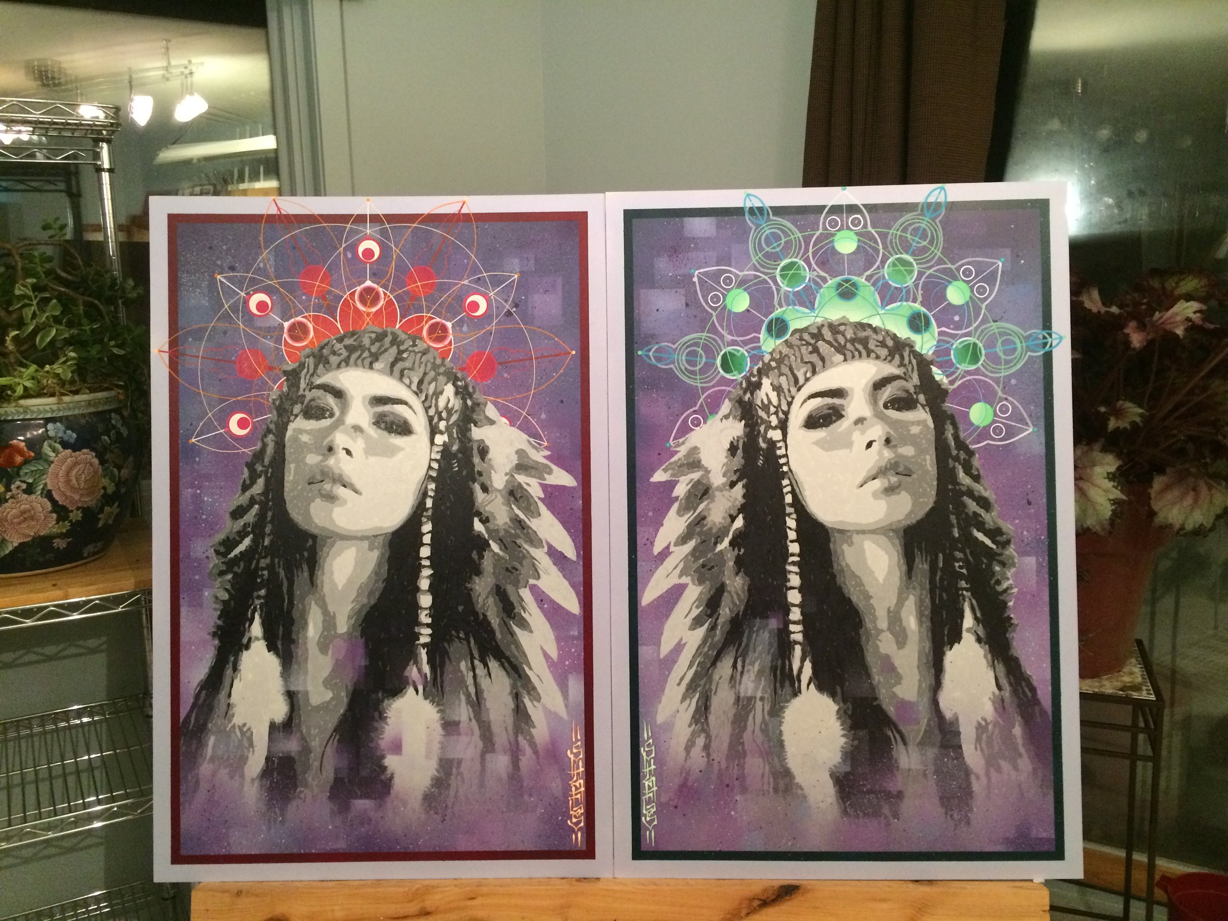  Pair of paintings commissioned in 2016 for 2 sisters.&nbsp; "friendship paintings".&nbsp; 24" x 36" each.&nbsp; Spraypaint and acrylic on wood panel. 