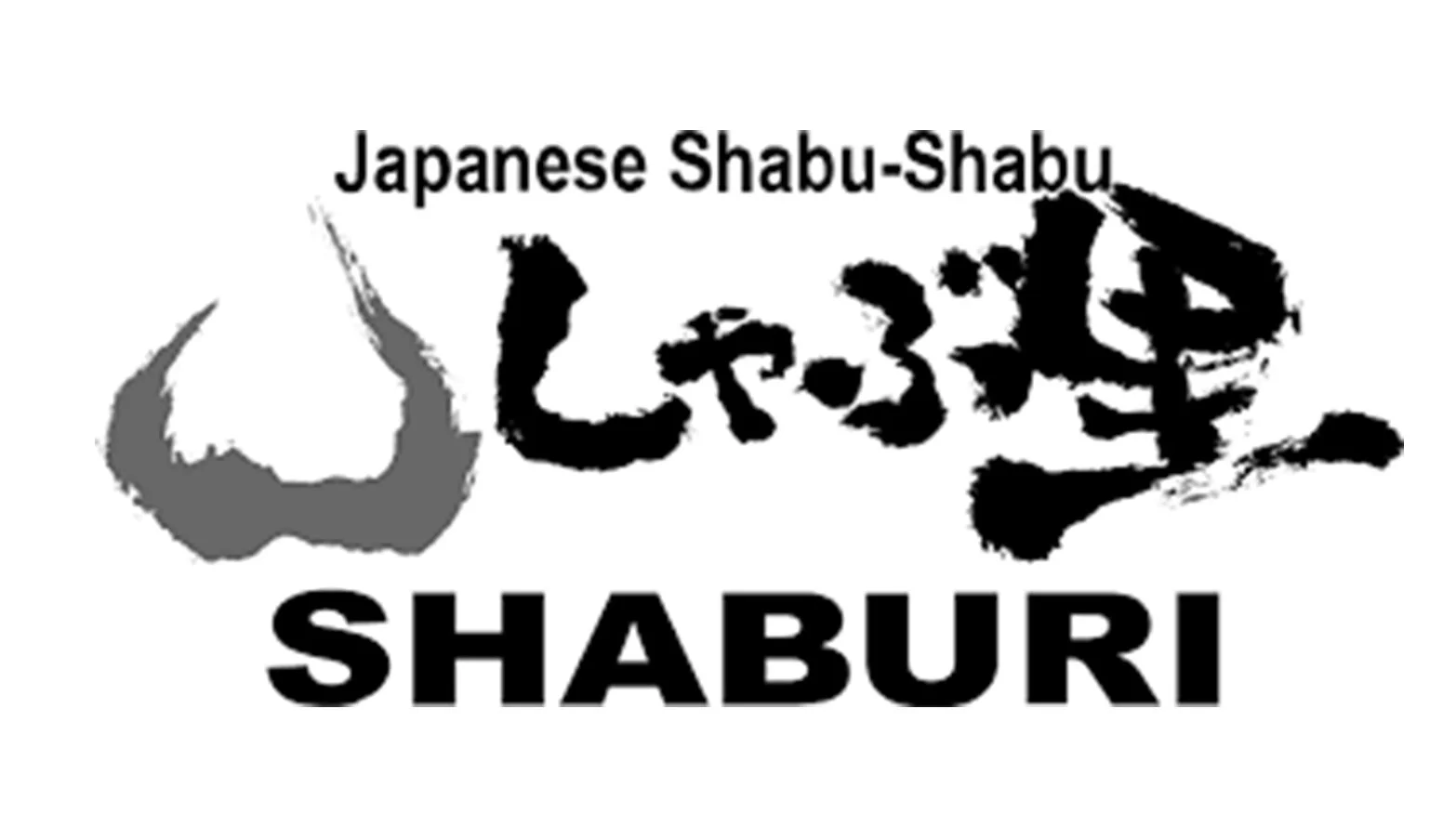 Logo for Japanese Shabu-Shabu restaurant named Shaburi, featuring a black brushstroke style image of a meat slice and a meat fork, with the text 'Japanese Shabu-Shabu' and 'SHABURI'.