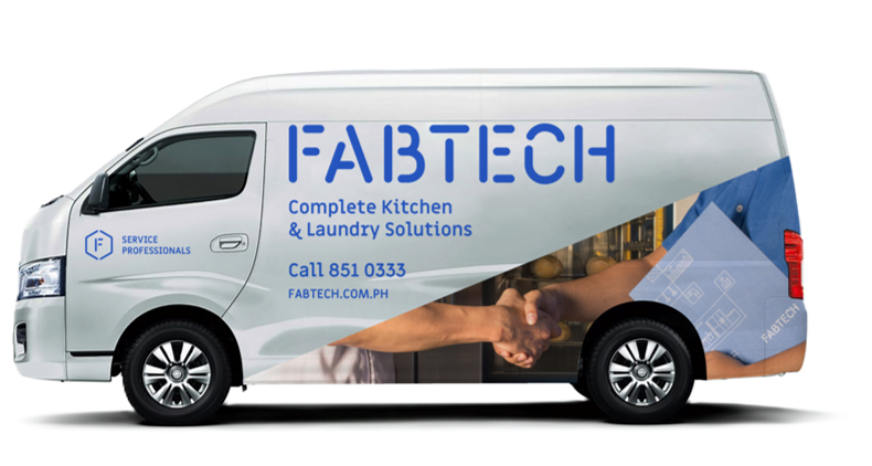 FABTECH van with company logo, contact information, and an image of two hands shaking.