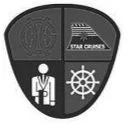 Quarterly management badge with four sections: top left with a TV and speech bubbles, top right with an American flag, bottom left with a person pointing to a bar graph, and bottom right with a ship's wheel.