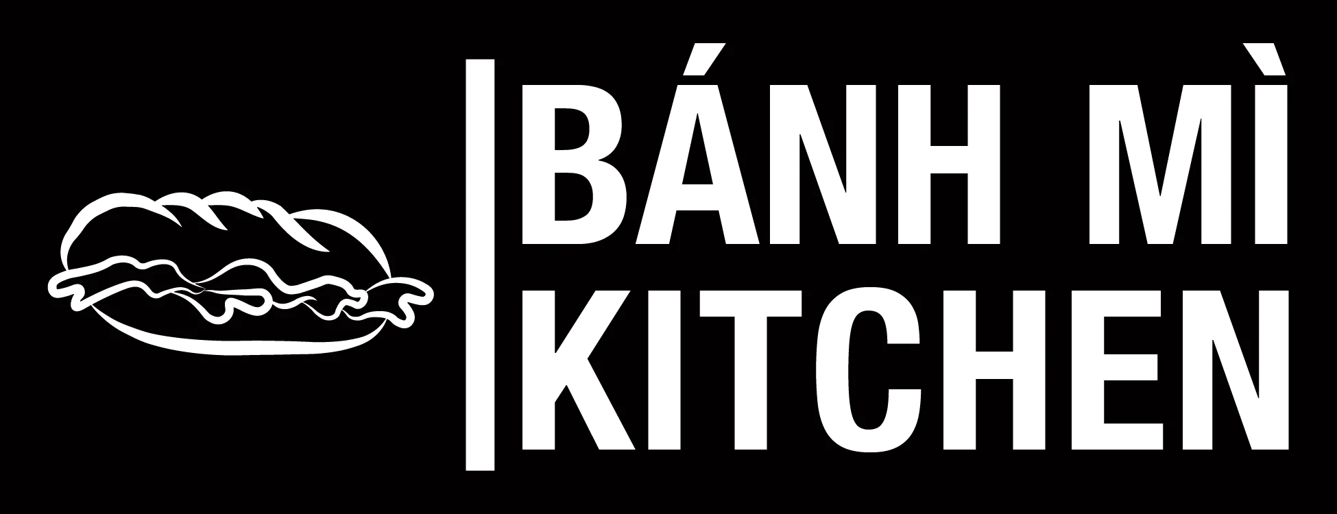 Logo for Banh Mi Kitchen featuring a line drawing of a banh mi sandwich with lettuce, meat, and bread on a black background, with the text "Banh Mi Kitchen" in bold white letters.