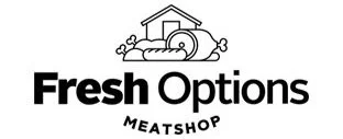 Logo for Fresh Options Meat Shop featuring a house and a pig with foliage