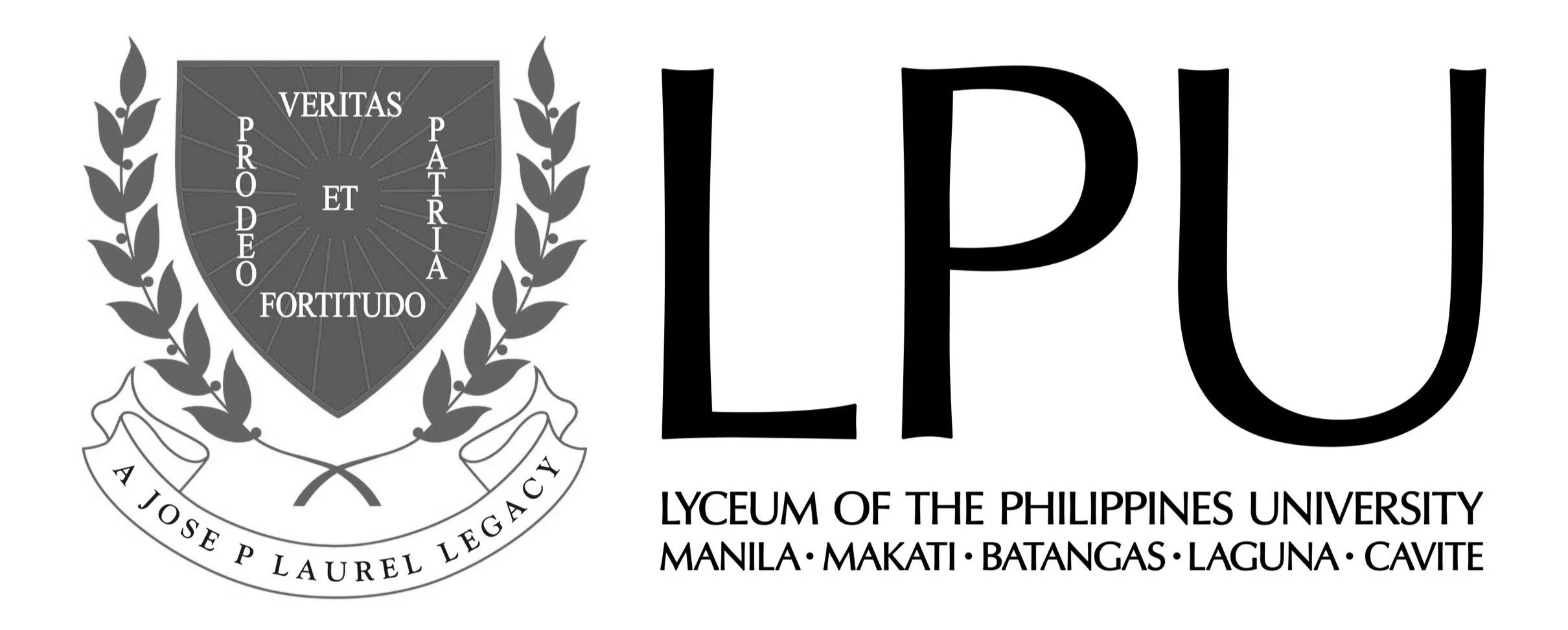 Logo of Lyceum of the Philippines University, featuring a shield with Latin words, wreath, and banner, with the name and locations of the university written below.