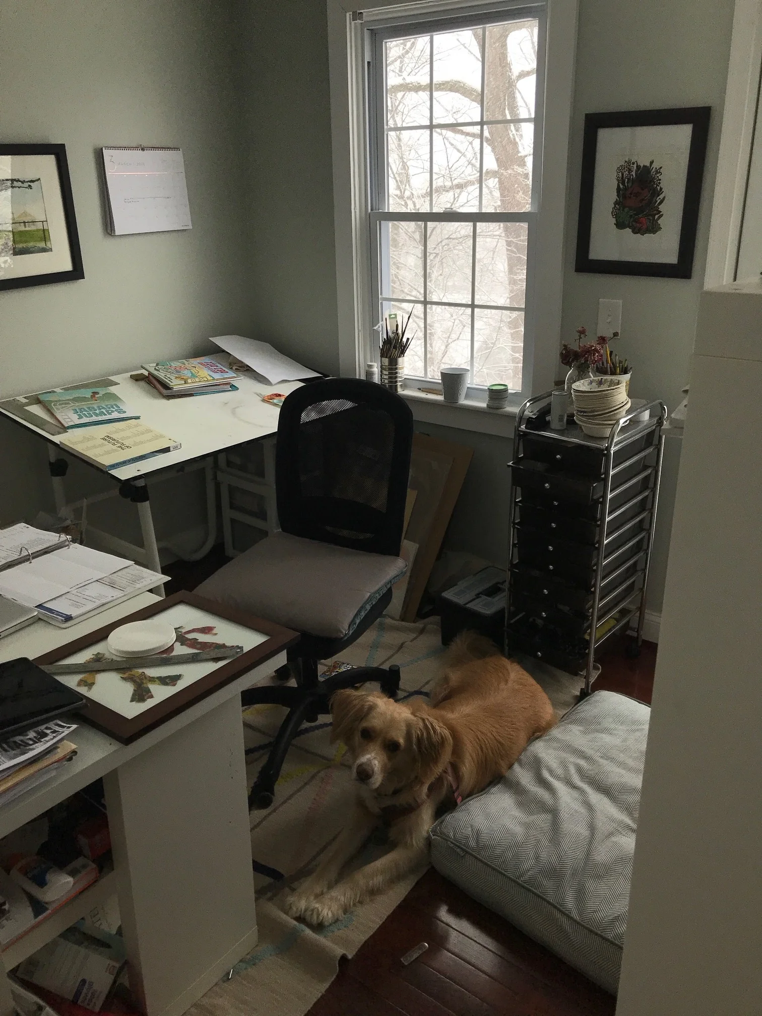 Shadra's studio space in Baltimore, and her sweet dog, Lucky (image courtesy of Shadra). 