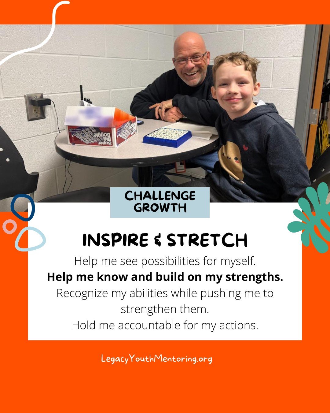 Mentors can help students learn about their strengths and grow in their potential.  We are grateful for our mentors who cheer us on to greatness. Challenging Growth is another of our 5 Key Actions for mentors. #5tothrive  #LegacyYouthMentoring