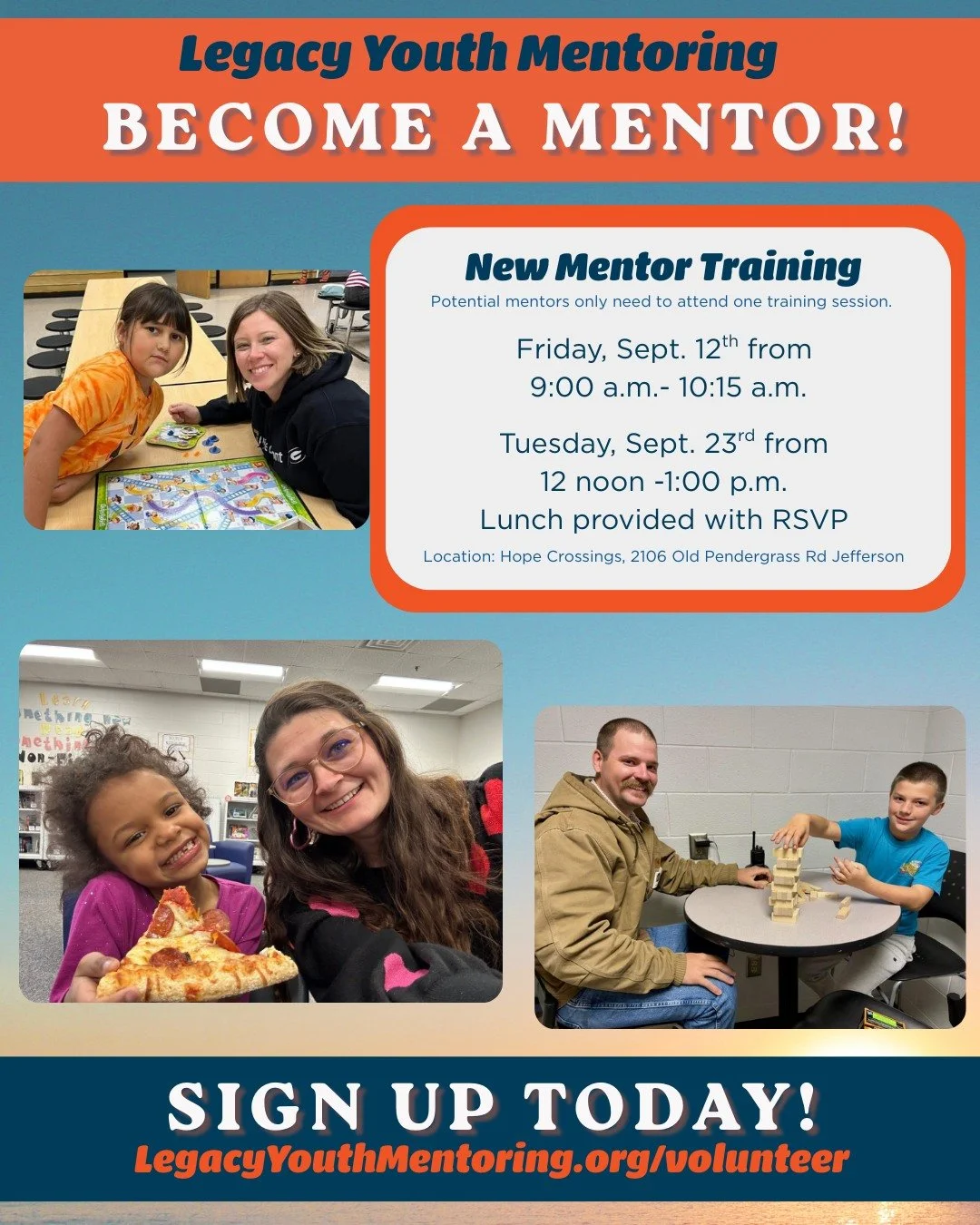 Are you looking for a rewarding volunteer opportunity? Our mentors volunteer for 30 minutes, two to four times a month, in a local school.  For more information, visit LegacyYouthMentoring.org/volunteer