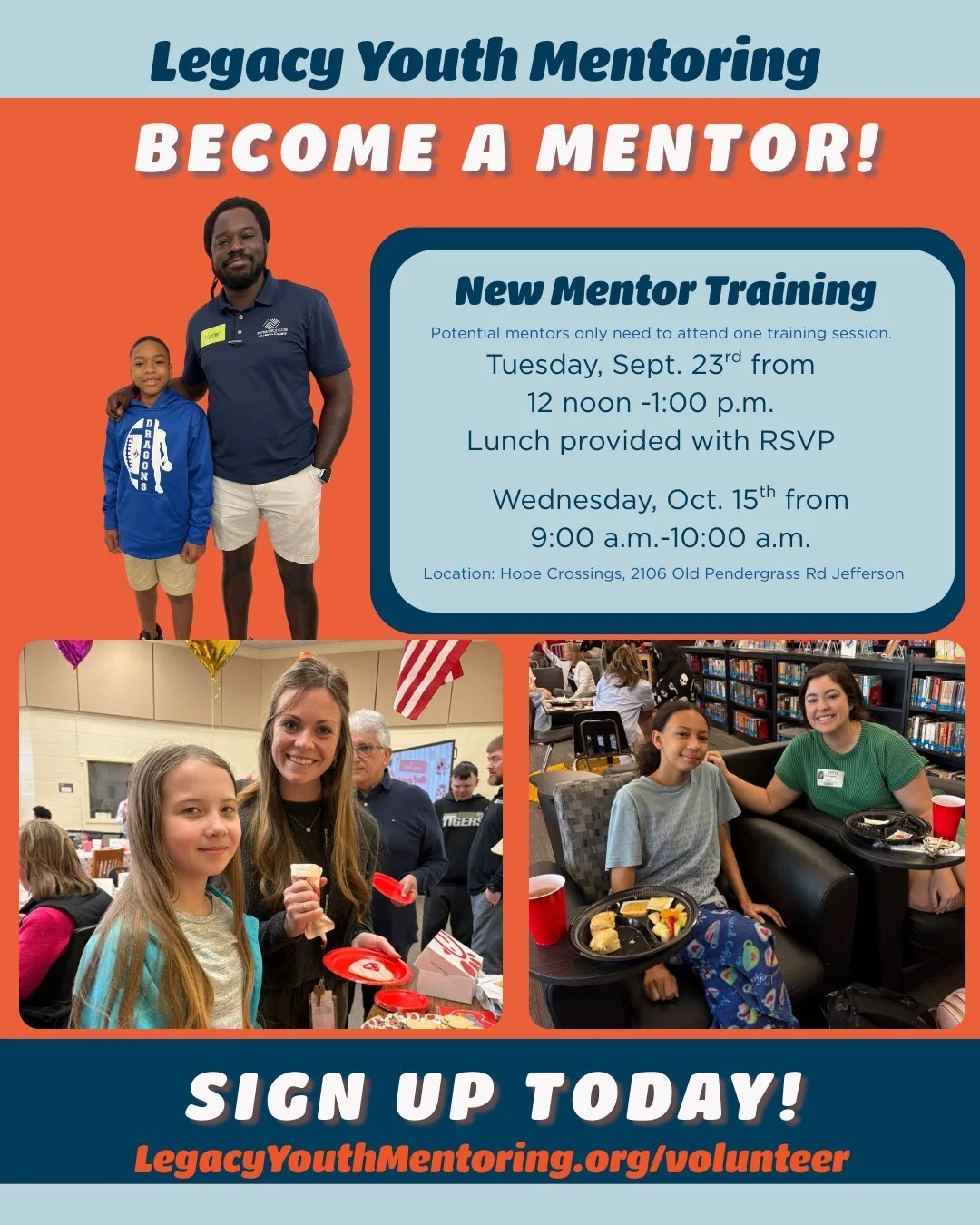 Become a mentor! Legacy Youth Mentoring is proud to begin its 21st year of supporting students in Jackson County through caring adult mentors. Our program is an in-school, friendship-based youth mentoring initiative. Make a difference in a young pers