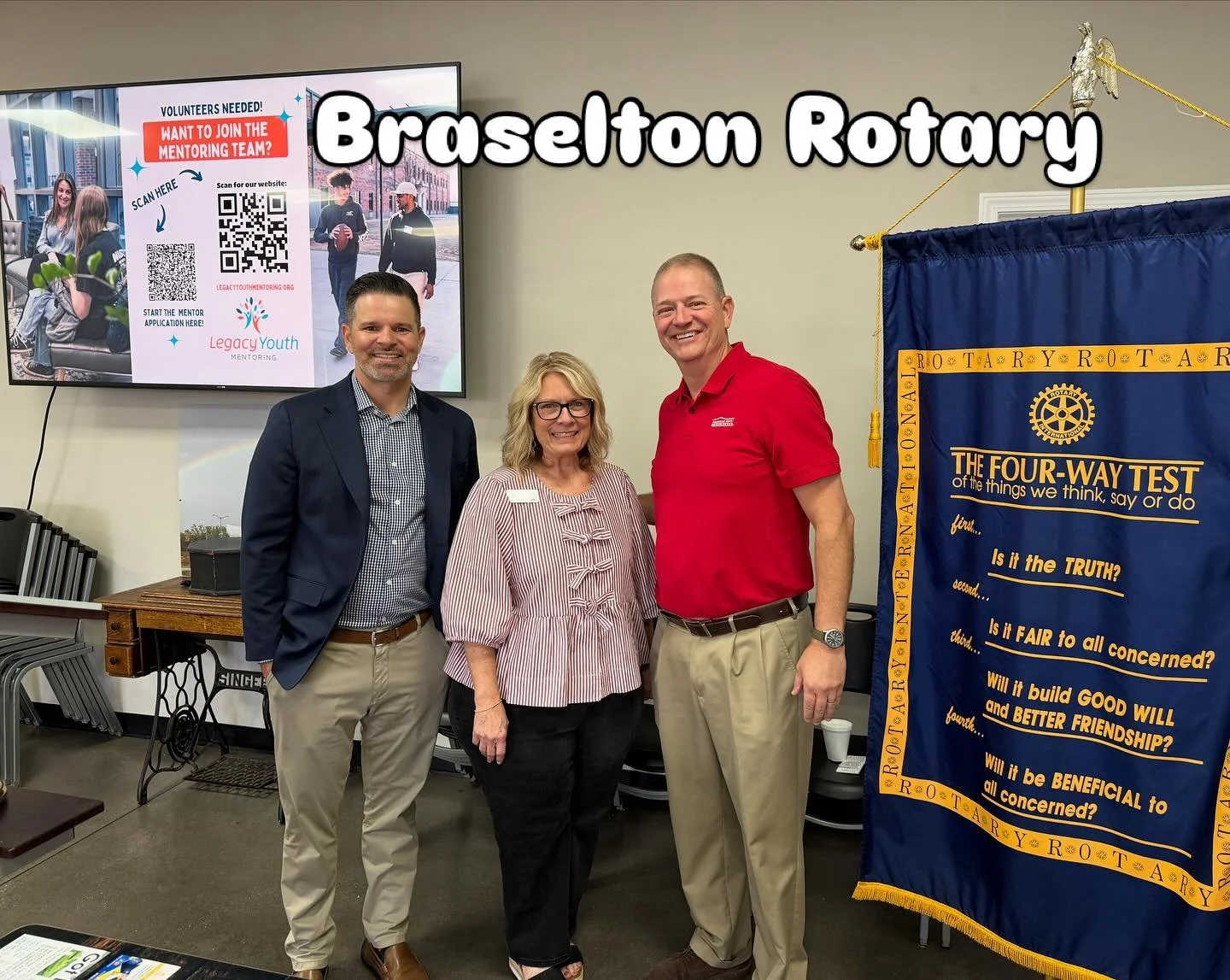 Thank you to the Braselton Rotary Club for inviting us to speak about Legacy Youth Mentoring and the impact of mentoring on our young people. LYM Board Member Jordan Fidanza &amp; Program Coordinator, Lisa Stephens pictured with Rotary member Sam Wil