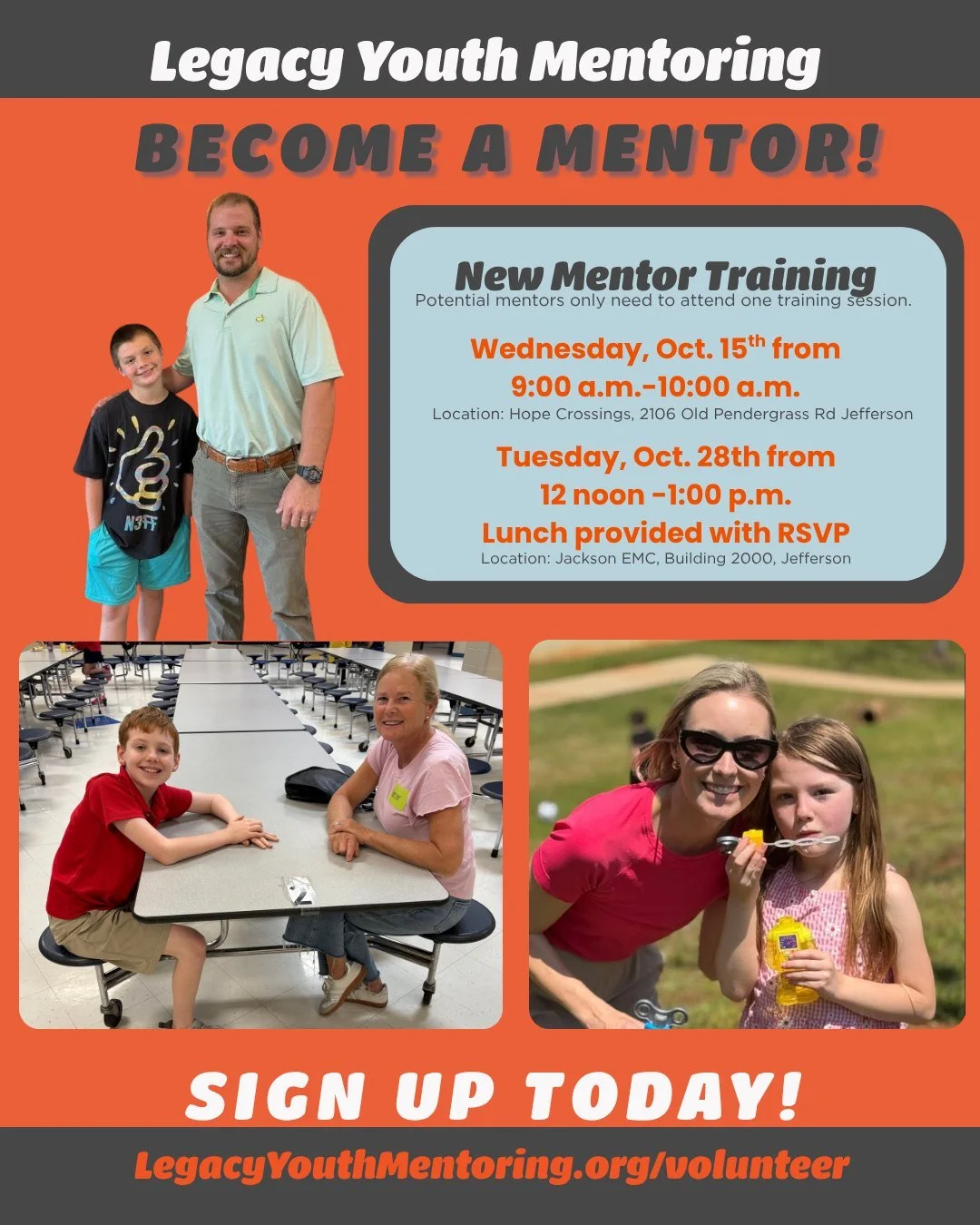 Mentors needed! We are hosting new mentor training sessions in two locations this month.  Thank you to Jackson EMC for allowing us to host the Oct. 28th Lunch &amp; Learn training in your newly renovated space! To learn more or sign up online, please