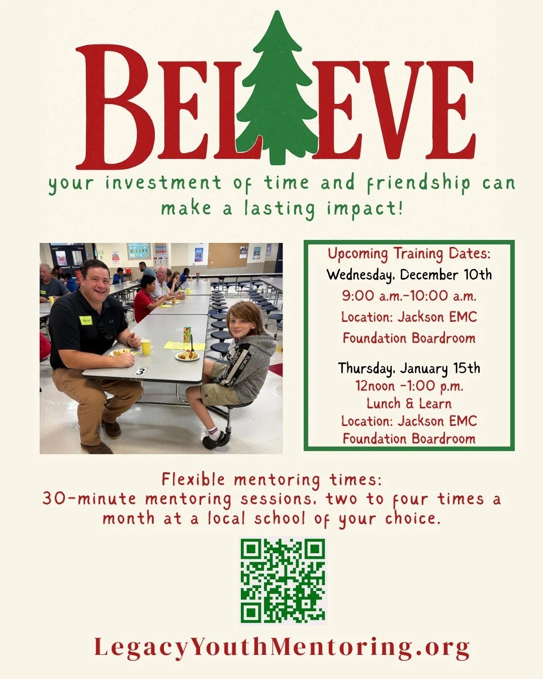 We believe that investing in our young people through mentoring will brighten their futures and bring you joy, too! Would you like to join our volunteer team? Visit LegacyYouthMentoring.org to start your mentor application and RSVP for an upcoming ne