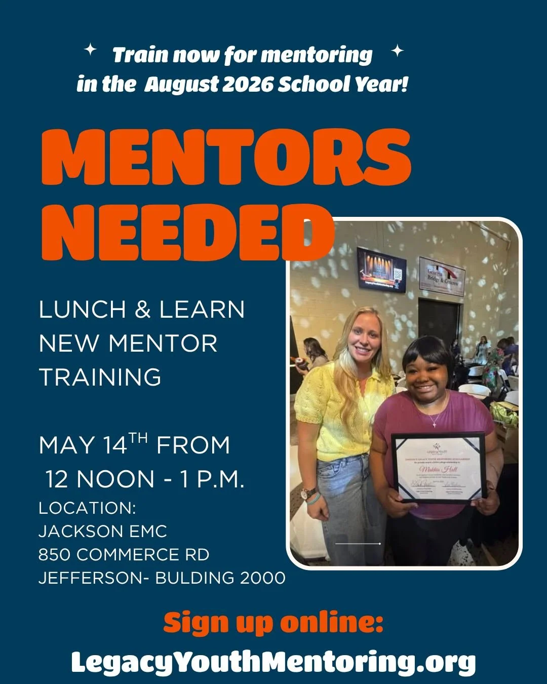 Train in May- Mentor in August!

Want to make a lasting impact on a student&rsquo;s life without a massive time commitment? Join us for our upcoming Lunch &amp; Learn New Mentor Training!

By getting trained now, you&rsquo;ll be ready to hit the grou