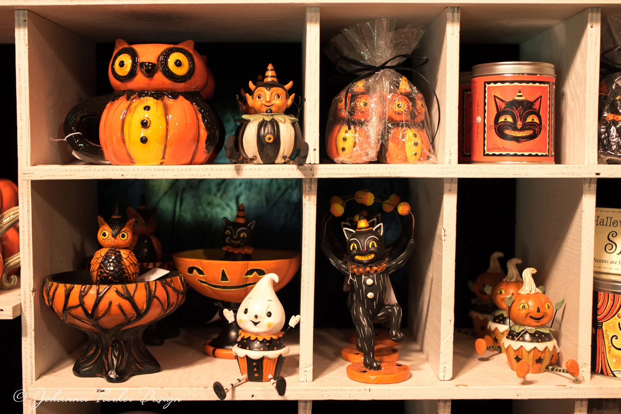 Cubbies were lined with Halloween mugs, candy stands, shelf sitters, candles & other delights...
