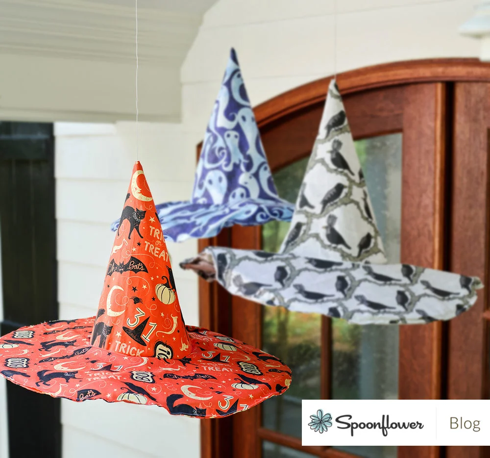 Featured on Spoonflower's Blog, see how to make a spooky cool fabric witch hat, using Johanna's Vintage Halloween Trick or Treat Boo print!