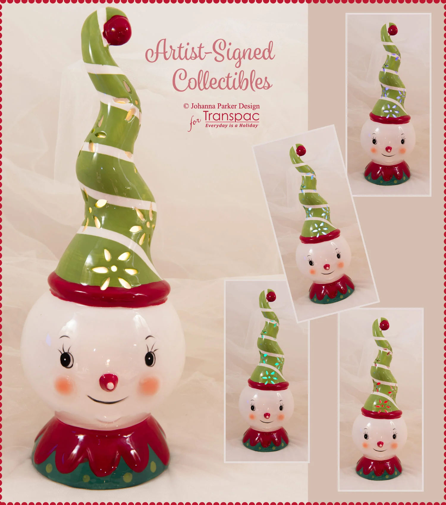 “Snow Glow Lamp” ~ Each Light-Up snowman is from Johanna’s new line of Christmas collectibles, manufactured by Transpac Imports. All are hand-painted and may have slight imperfections due to the nature of the glazing process and paint application. Each Collectible is Signed.