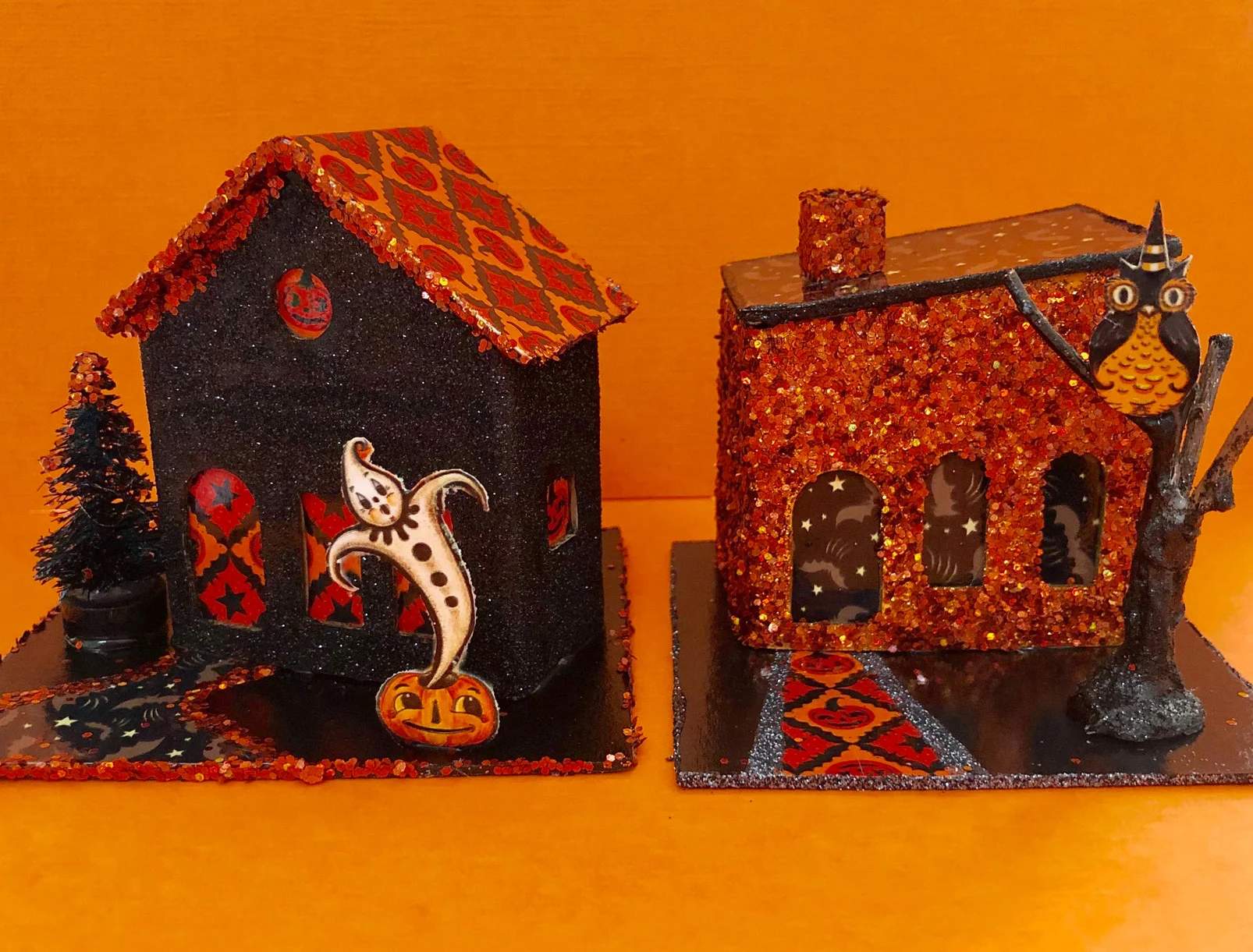 NEW Halloween Putz Houses handmade by Clara using Johanna’s playful patterns and whimsical Halloween characters!
